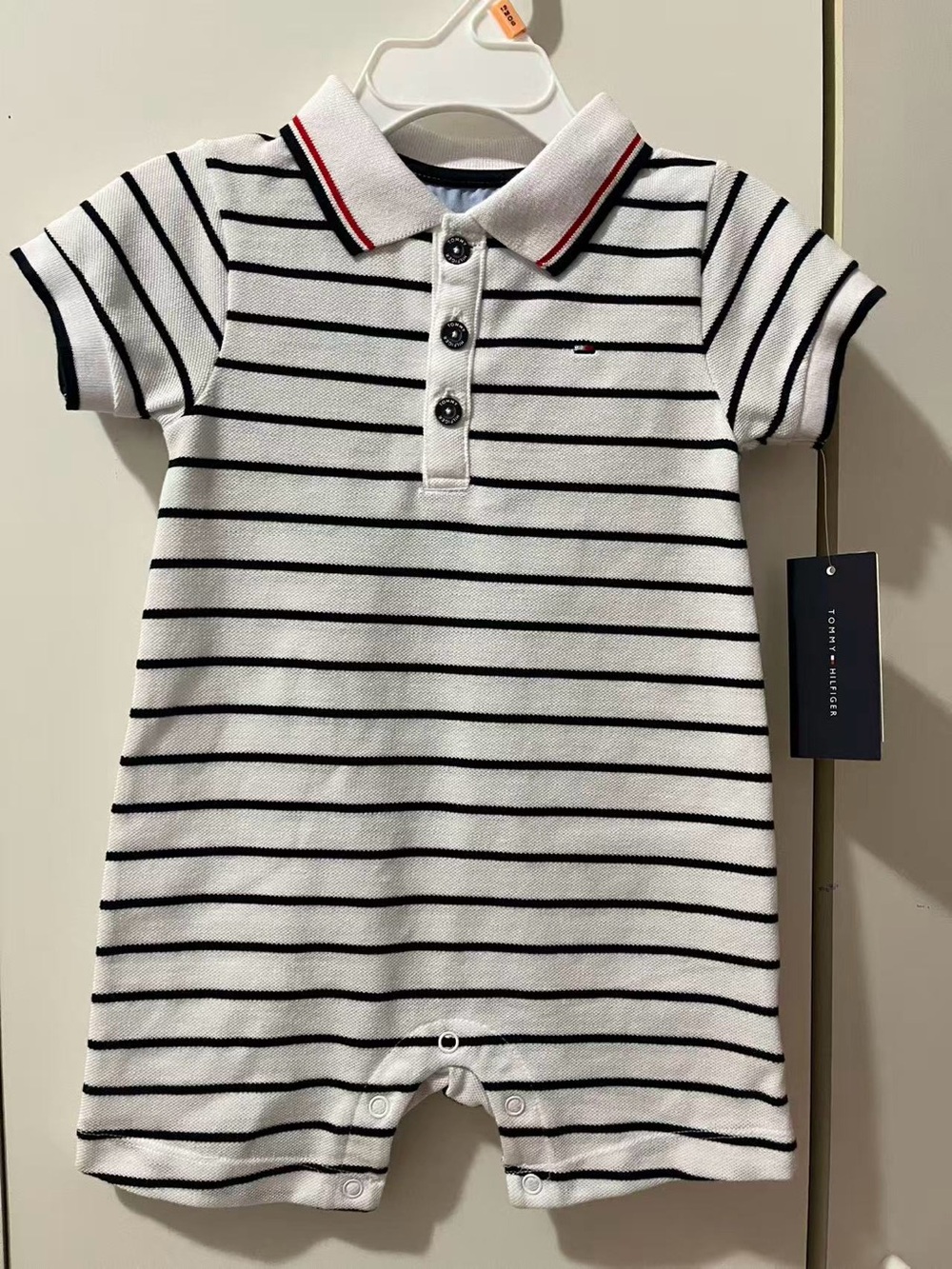 Tommy Hilfiger White Polo Romper with Navy Stripes & Red Trim